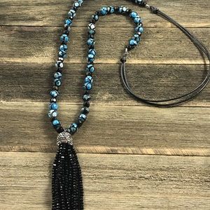dZi Agate Black Onyx Gemstone Tassel Necklace
